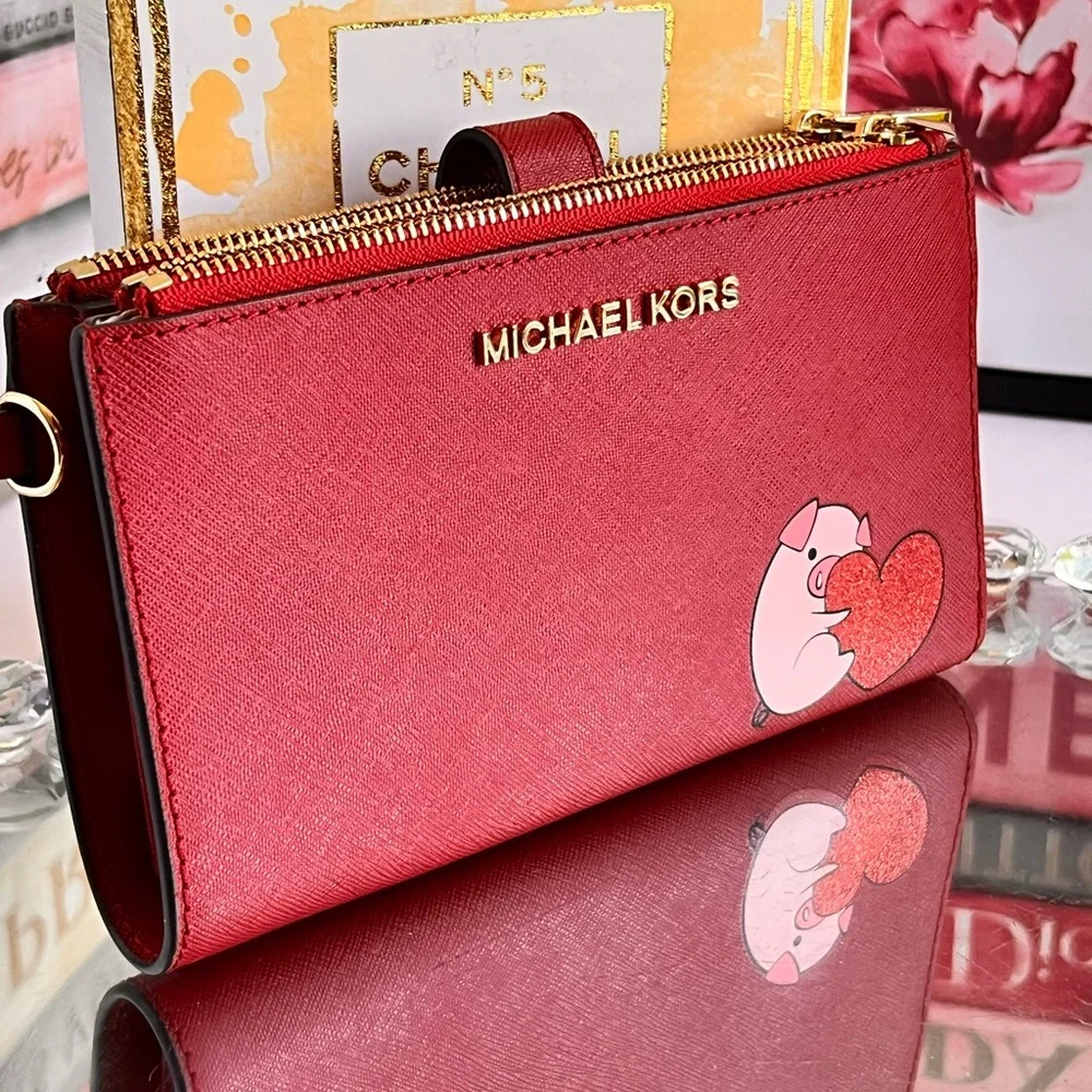 Michael Kors NWOT Red Kearny with Heart and pig Design wallet or clutch